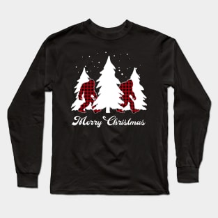 Buffalo Plaid Bigfoot Merry Christmas Tree Xmas Sasquatch Long Sleeve T-Shirt